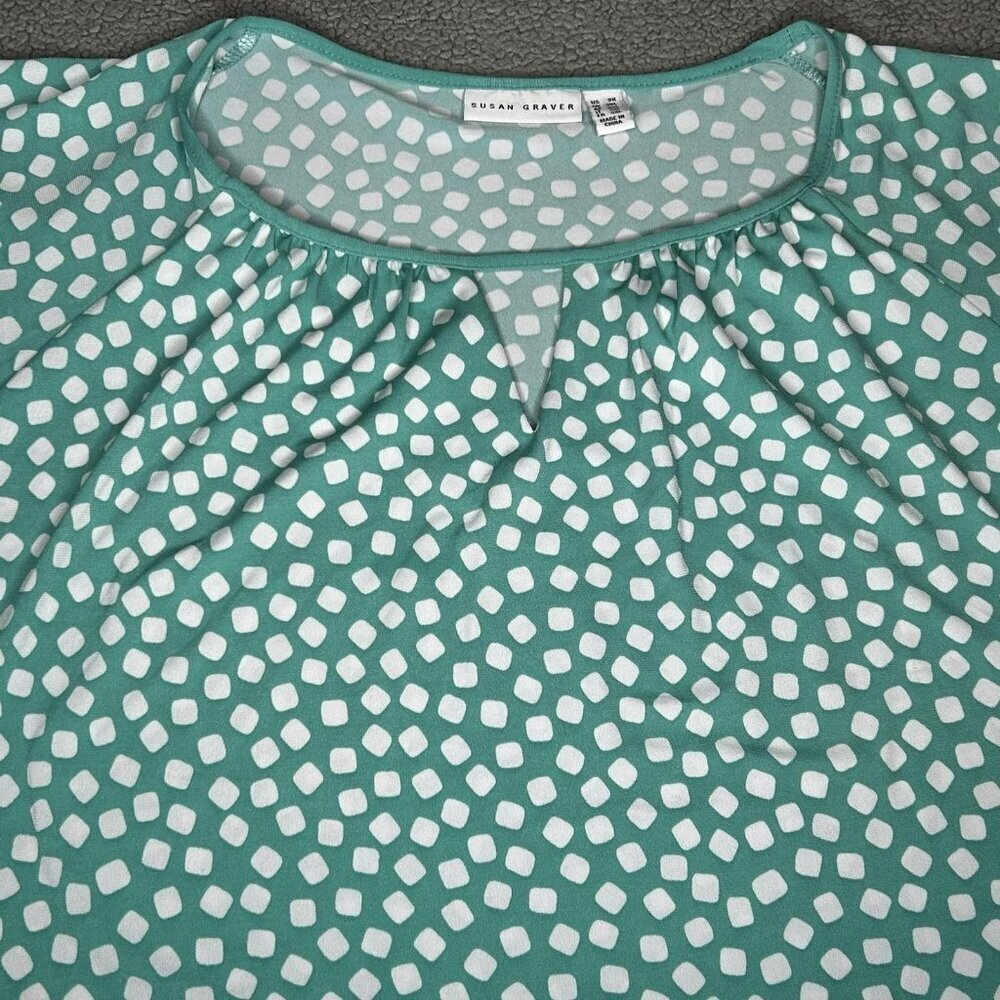 Susan Graver Shirt Womens 2X Mint White Dot Liquid Knit Flutter Sleeve Cut Out